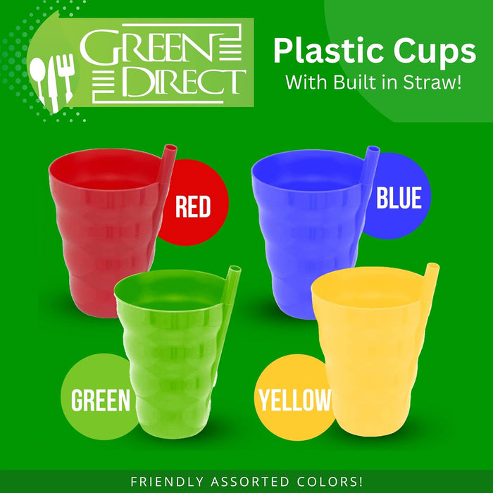 Green Direct Cup With Straw 10 oz. Plastic Cup with Built in Straw for Kids Assorted Colors Pack of 8