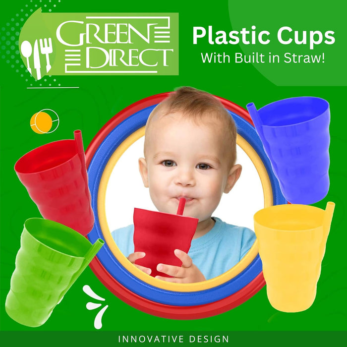 Green Direct Cup With Straw 10 oz. Plastic Cup with Built in Straw for Kids Assorted Colors Pack of 8