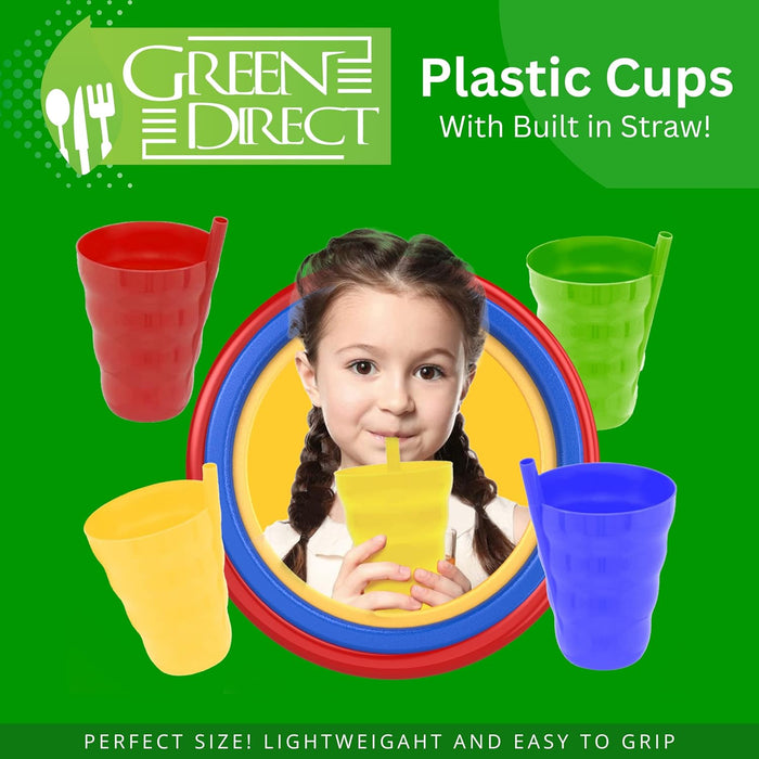 Green Direct Cup With Straw 10 oz. Plastic Cup with Built in Straw for Kids Assorted Colors Pack of 8