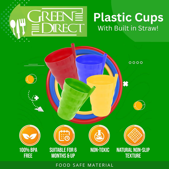 Green Direct Cup With Straw 10 oz. Plastic Cup with Built in Straw for Kids Assorted Colors Pack of 8