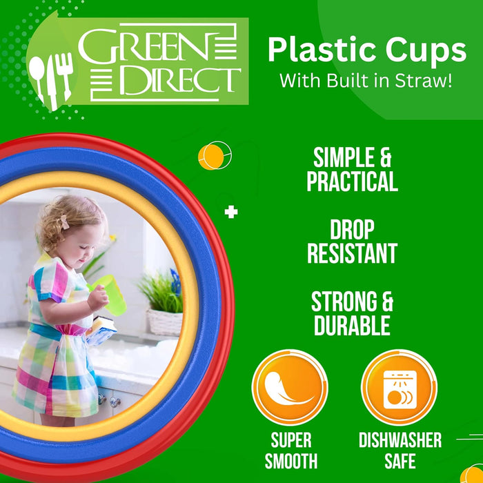 Green Direct Cup With Straw 10 oz. Plastic Cup with Built in Straw for Kids Assorted Colors Pack of 8