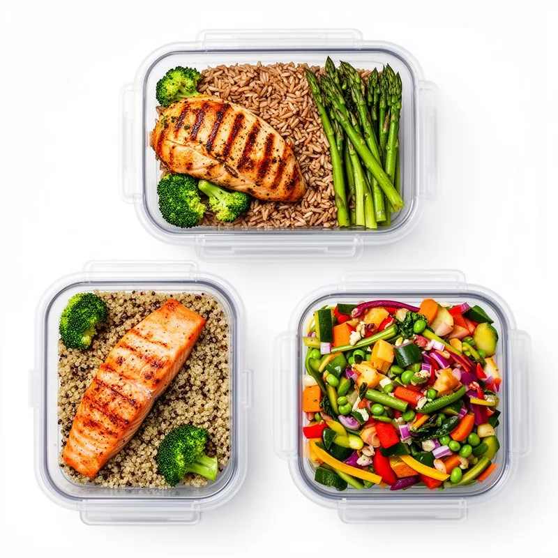 Three clear meal prep containers with grilled chicken and brown rice, salmon with quinoa, and a roasted vegetable bowl