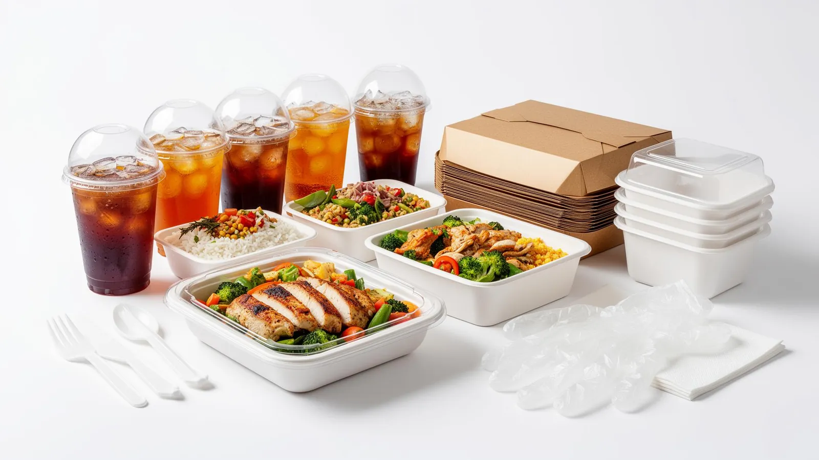 Assortment of Green Direct disposable food service supplies — clear plastic cups with iced drinks, white meal-prep containers with grilled chicken and vegetables, kraft takeout boxes, plastic cutlery, napkins and clear gloves