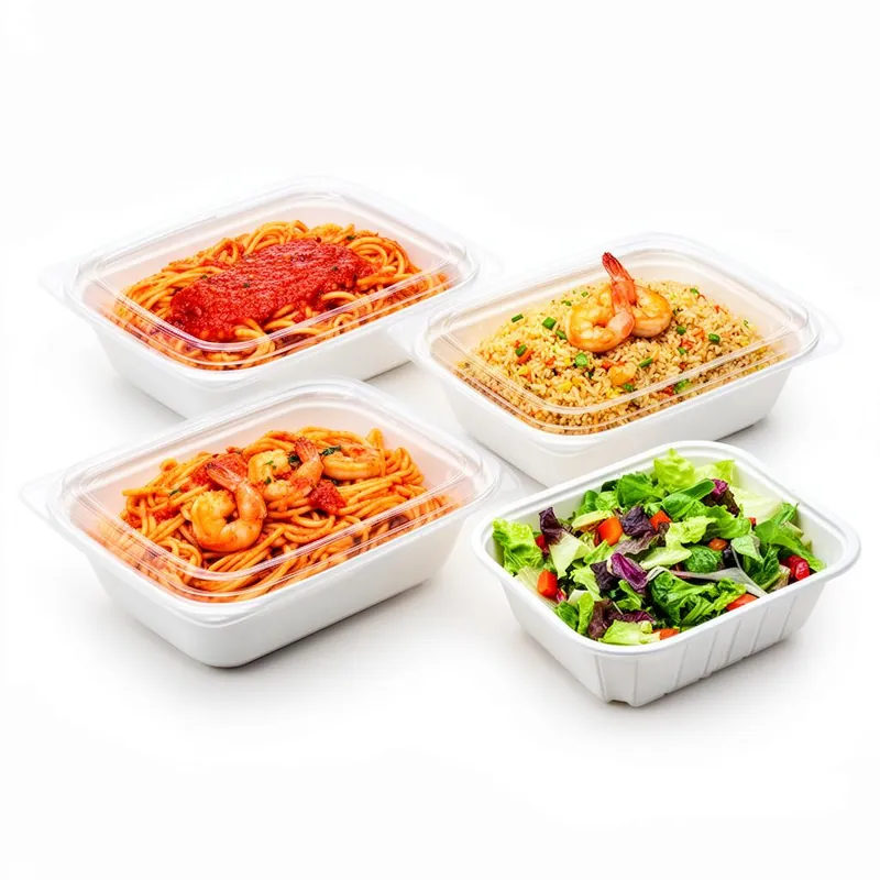 Disposable white plastic food containers with clear lids holding pasta, fried rice with shrimp and a fresh salad