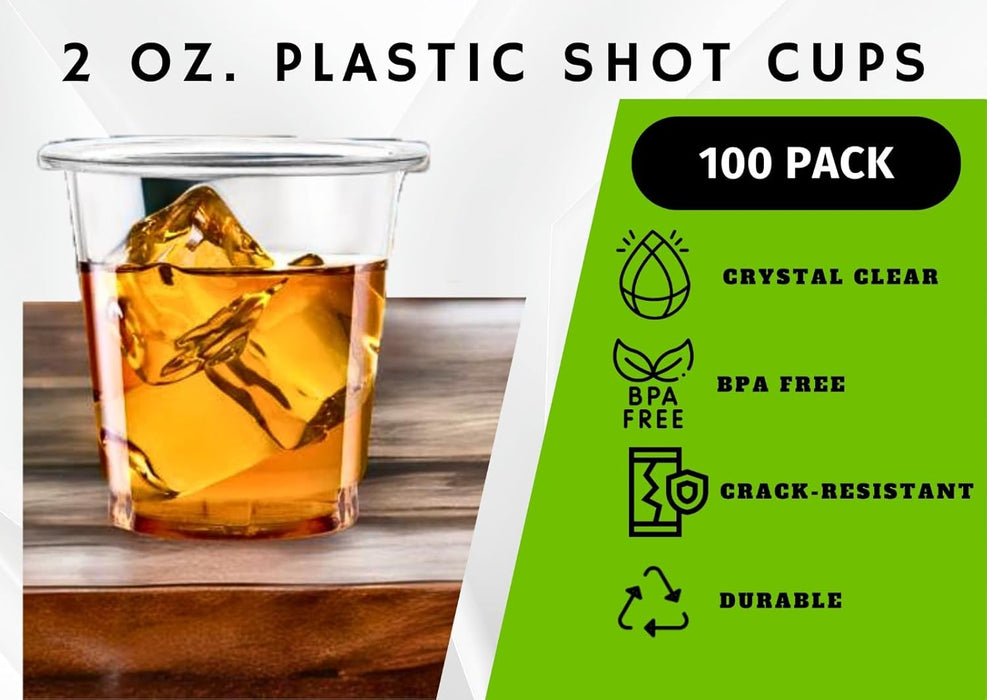 2 oz. Plastic Shot Glasses Disposable Clear Cups - Pack of 100 | PET Disposable Plastic Cups for Vodka, Whiskey, Tequila, Wine, and Jello Shots | Mini Party Cups for Sauce, and Sample Tasting