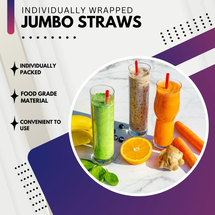 Drinking Straws By Green Direct - 10.75 inches Plastic Smoothie Straws individually wrapped - Extra Long & Thick for use with any Jumbo Cup or Water Bottle - BPA Free - Red Pack of 300