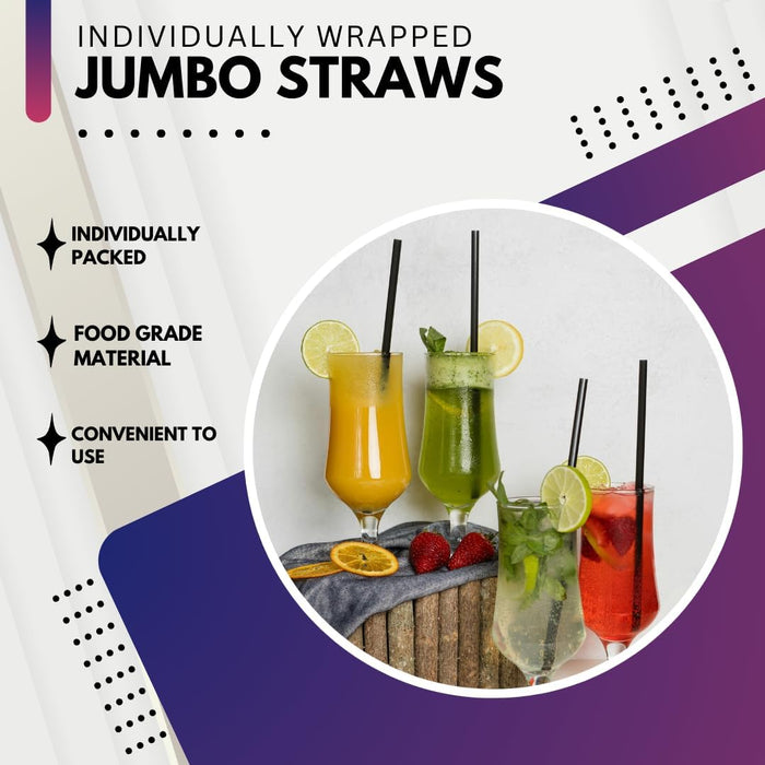 Drinking Straws By Green Direct - 10.75 inches Plastic Smoothie Straws individually wrapped - Extra Long & Thick for use with any Jumbo Cup or Water Bottle - BPA Free - Black Pack of 300