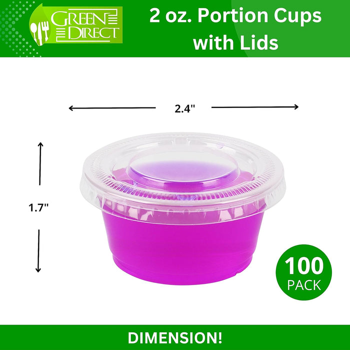 2 oz. Plastic Disposable Jello Shot Cups with Lids 100 Sets | Small Portion Containers, Salad Dressing Dipping Sauce Cups for Souffle, Condiment, Ramekins, and Portion Control