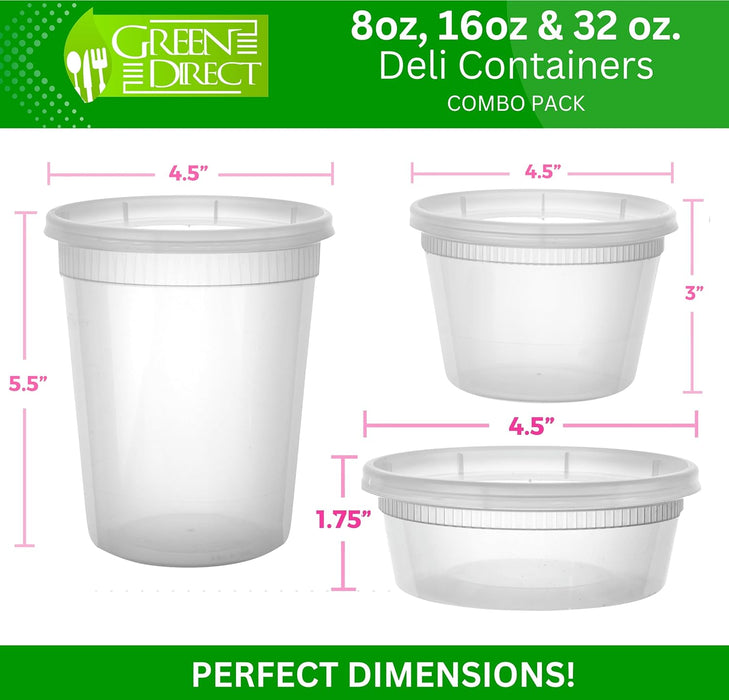 Deli Containers with Lids | Disposable Plastic Lunch Combo 60 Sets [20 8 oz. & 20 16 oz. & 20 32 oz.] Clear Food Storage Containers Leakproof | Plastic Round Freezer Soup Containers for Food