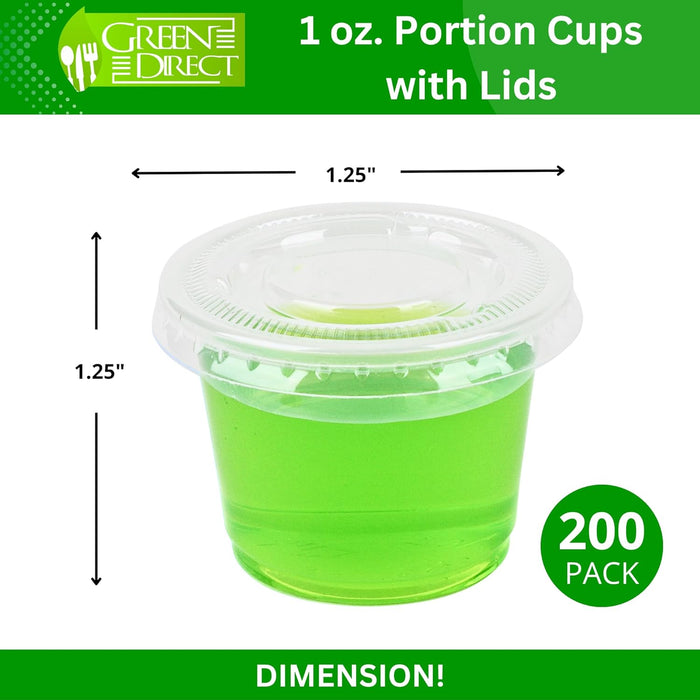 Green Direct 1 oz. Plastic Disposable Jello Shot Cups with Lids 200 Sets | Small Portion Containers, Salad Dressing Dipping Sauce Cups for Souffle, Condiment, Ramekins, and Portion Control