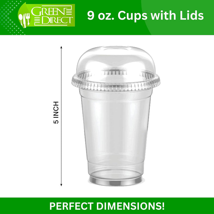 Green Direct Clear Cups With Lids / 9 oz. Clear Plastic Cups with Lids/Clear Disposable Cups/Ice coffee cups & Bubble Boba Tea Cups/Cup with Lid for Cold Drinking & Smoothie Pack of 50