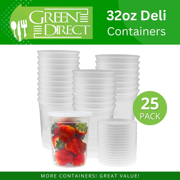 Green Direct Deli Containers with Lids, Disposable Plastic Lunch Combo 60 Sets [35 16 oz. & 25 32 oz.] Clear Lunch Food Storage Containers Leakproof Plastic Round Freezer Soup Containers for Food