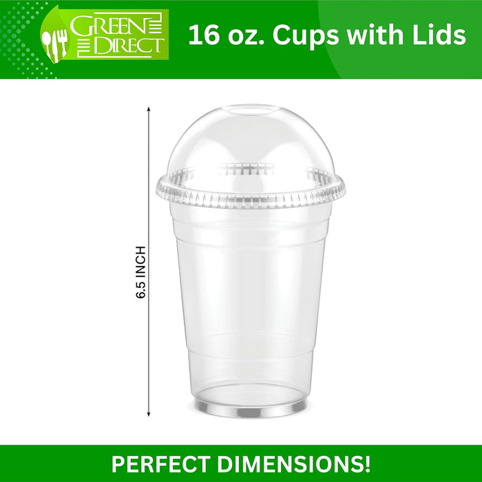 Green Direct Clear Cups With Lids / 16 oz. Clear Plastic Cups with Lids/Clear Disposable Cups/Ice coffee cups & Bubble Boba Tea Cups/Cup with Lid for Cold Drinking & Smoothie Pack of 50