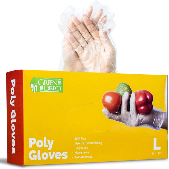 Disposable PE Plastic Clear Gloves, BPA, Rubber, Latex Free, For Safe Cooking Prep, Kitchen Preparation, And Food Serving And Service, Disposal Cleaning Poly/Polyethylene Gloves Size Large Box of 500