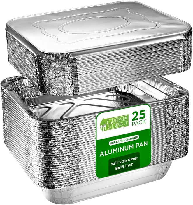 Green Direct Disposable Aluminum Steam Table Foil Pans With Lids For Cooking, Baking, 25 Pack