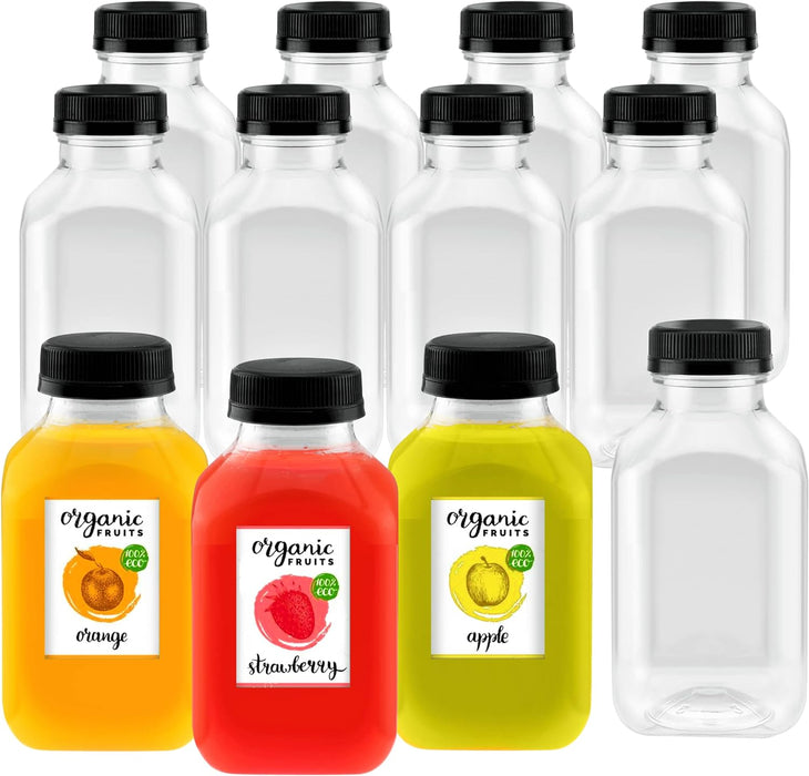 Plastic Clear Empty Bottles with Black Caps for Juice BPA Free | Pack of 12