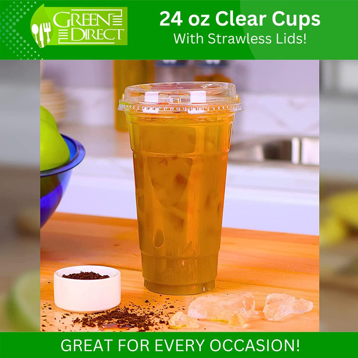 Green Direct 24 oz. Disposable Plastic Clear Cups with Strawless Sip Lids for Iced Coffee 50