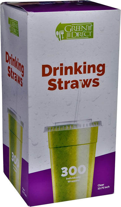 Drinking Straws By Green Direct - Disposable 10.75 inches Plastic Straws individually wrapped - Extra Long & Thick for use with any Jumbo Cup or Water Bottle - BPA Free - Clear Pack of 300