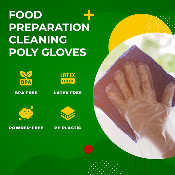 Disposable PE Plastic Clear Gloves, BPA, Rubber, Latex Free, For Safe Cooking Prep, Kitchen Preparation, And Food Serving And Service, Disposal Cleaning Poly/Polyethylene Gloves Size Large Box of 500