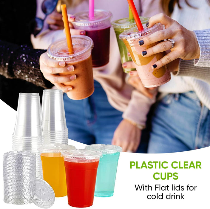 Green Direct 10 oz. Disposable Cups With Lids | Clear Plastic Cups With Lids | Iced Coffee Cups For Bubble Boba Tea | Cup and Flat Lid For Cold Drinking & Smoothie 50 Sets