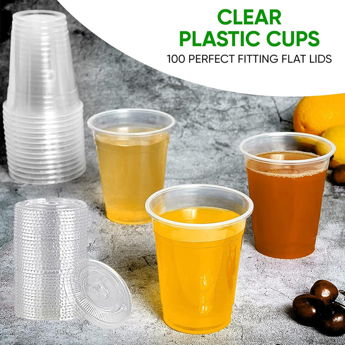 Clear Cups With Lids / 12 oz. Clear Plastic Cups with Lids / Clear Disposable Cups / Ice coffee cups & Bubble Boba Tea Cups / Cup with Lid for Cold Drinking & Smoothie Pack of 100