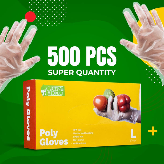 Disposable PE Plastic Clear Gloves, BPA, Rubber, Latex Free, For Safe Cooking Prep, Kitchen Preparation, And Food Serving And Service, Disposal Cleaning Poly/Polyethylene Gloves Size Large Box of 500