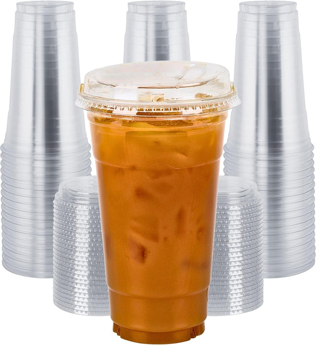 Green Direct 24 oz. Disposable Plastic Clear Cups with Strawless Sip Lids for Iced Coffee 50