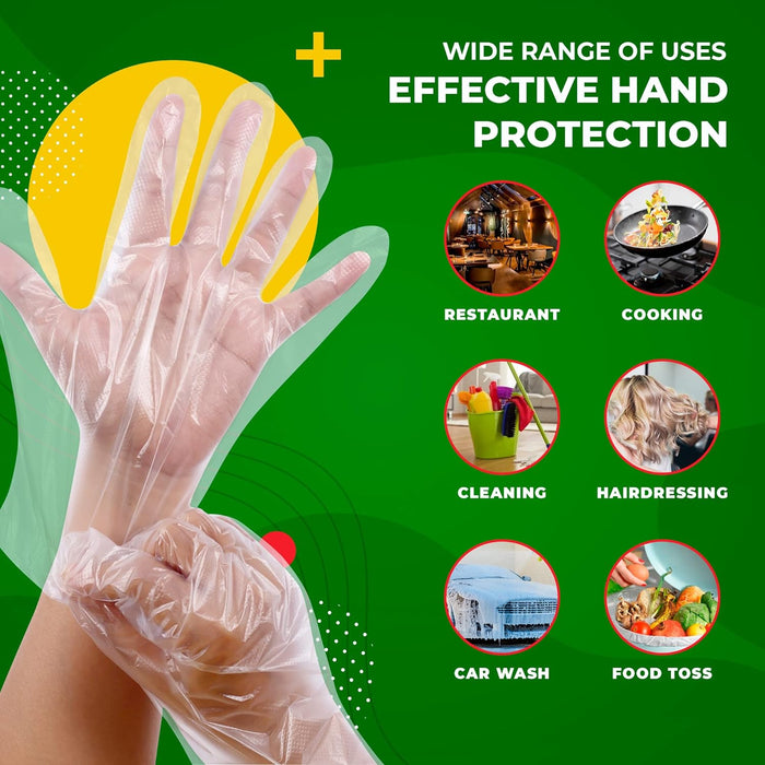 Disposable PE Plastic Clear Gloves, BPA, Rubber, Latex Free, For Safe Cooking Prep, Kitchen Preparation, And Food Serving And Service, Disposal Cleaning Poly/Polyethylene Gloves Size Large Box of 500