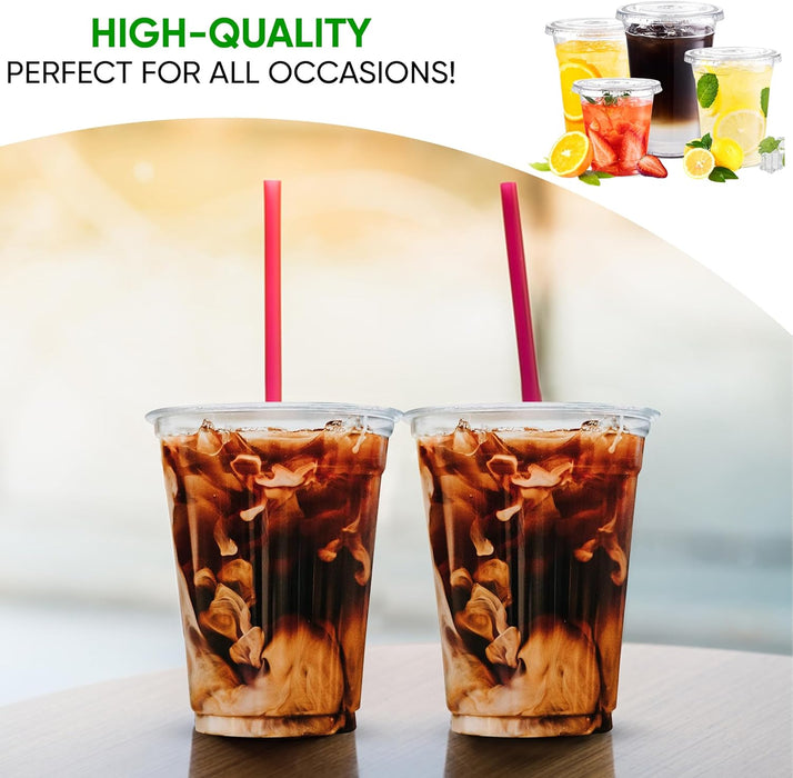 Green Direct 8 oz. Disposable Clear Plastic Cups With Lids | Iced Coffee Cups For Bubble Boba Ice Tea | Cup and Flat Lid For Cold Drinking & Smoothie 100 Sets