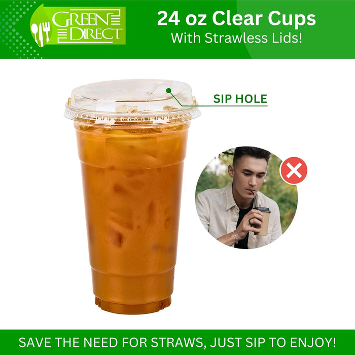 Green Direct 24 oz. Disposable Plastic Clear Cups with Strawless Sip Lids for Iced Coffee 50