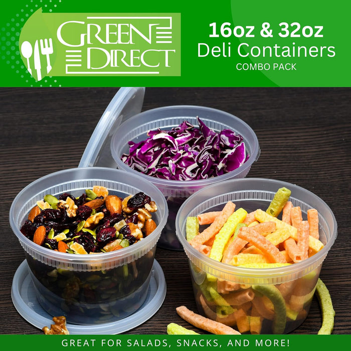 Green Direct Deli Containers with Lids, Disposable Plastic Lunch Combo 60 Sets [35 16 oz. & 25 32 oz.] Clear Lunch Food Storage Containers Leakproof Plastic Round Freezer Soup Containers for Food