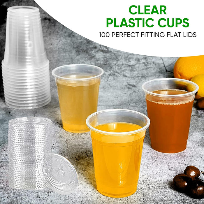 Green Direct 8 oz. Disposable Cups With Lids | Clear Plastic Cups With Lids | Iced Coffee Cups For Bubble Boba Tea | Cup and Flat Lid For Cold Drinking & Smoothie 50 Sets