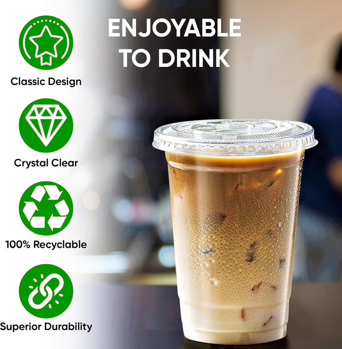 Clear Cups With Lids / 12 oz. Clear Plastic Cups with Lids / Clear Disposable Cups / Ice coffee cups & Bubble Boba Tea Cups / Cup with Lid for Cold Drinking & Smoothie Pack of 100