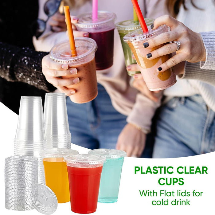 Green Direct 8 oz. Disposable Cups With Lids | Clear Plastic Cups With Lids | Iced Coffee Cups For Bubble Boba Tea | Cup and Flat Lid For Cold Drinking & Smoothie 50 Sets