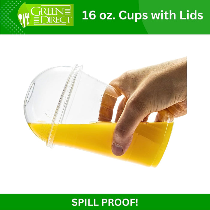 Green Direct Clear Cups With Lids / 16 oz. Clear Plastic Cups with Lids/Clear Disposable Cups/Ice coffee cups & Bubble Boba Tea Cups/Cup with Lid for Cold Drinking & Smoothie Pack of 50