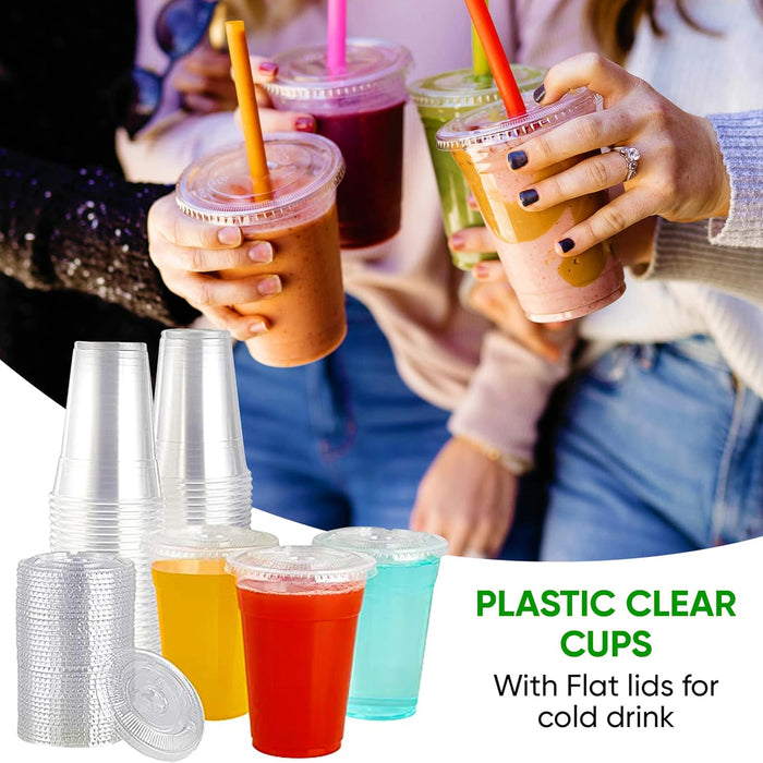 Green Direct 24 oz. Clear Plastic Cups with Lids - Pack of 100 - Premium Disposable Cups for Cold Drinking, Smoothies, Bubble Boba Tea & More - Includes 100 Flat Lids - BPA Free