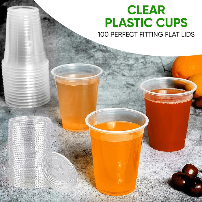 Green Direct 9 oz. Disposable Cups With Lids | Clear Plastic Cups With Lids | Iced Coffee Cups For Bubble Boba Tea | Cup and Flat Lid For Cold Drinking & Smoothie 50 Sets