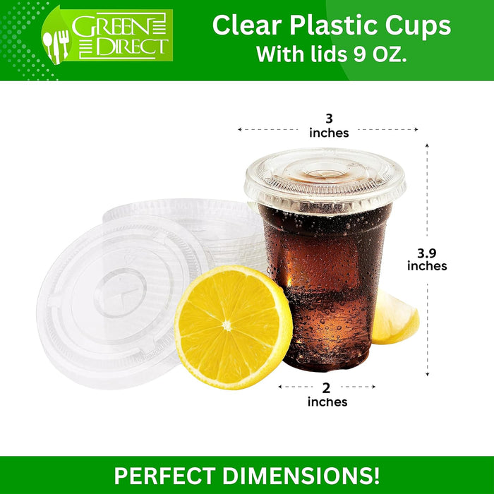 Green Direct 9 oz. Disposable Cups With Lids | Clear Plastic Cups With Lids | Iced Coffee Cups For Bubble Boba Tea | Cup and Flat Lid For Cold Drinking & Smoothie 50 Sets