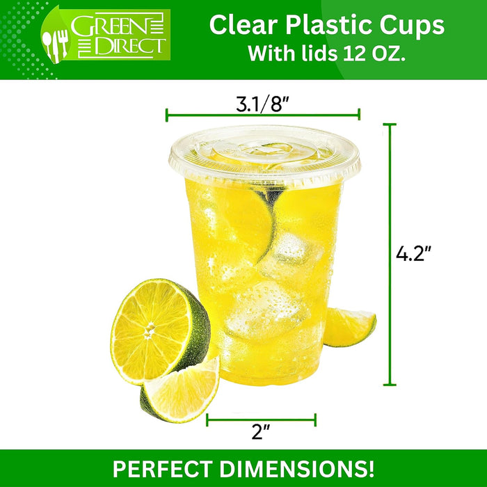 Clear Cups With Lids / 12 oz. Clear Plastic Cups with Lids / Clear Disposable Cups / Ice coffee cups & Bubble Boba Tea Cups / Cup with Lid for Cold Drinking & Smoothie Pack of 100