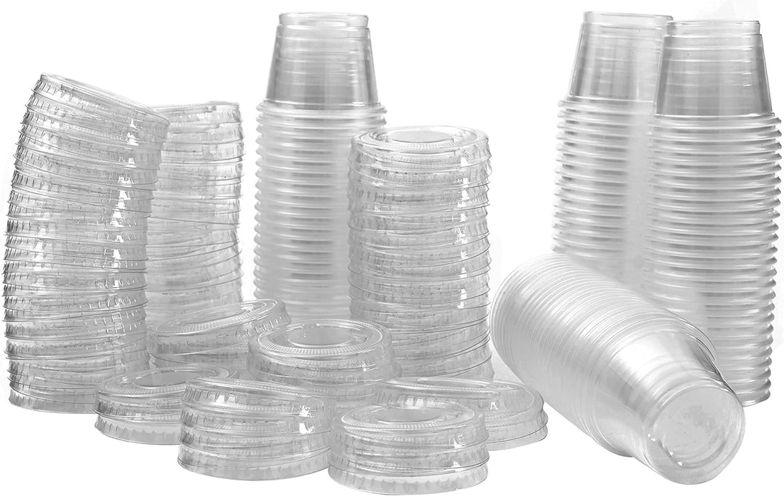 1 oz Containers with Lids | Disposable Plastic Jello Shot Cups | Small Clear Plastic Condiment Cups For Sauce, Souffle, Salad Dressing, Portion Control, Pack of 100