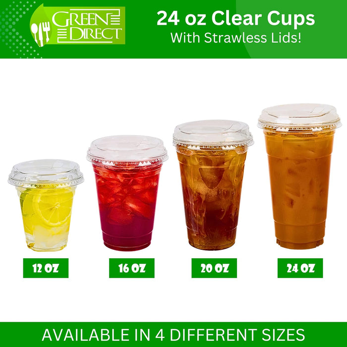 Green Direct 24 oz. Disposable Plastic Clear Cups with Strawless Sip Lids for Iced Coffee 50