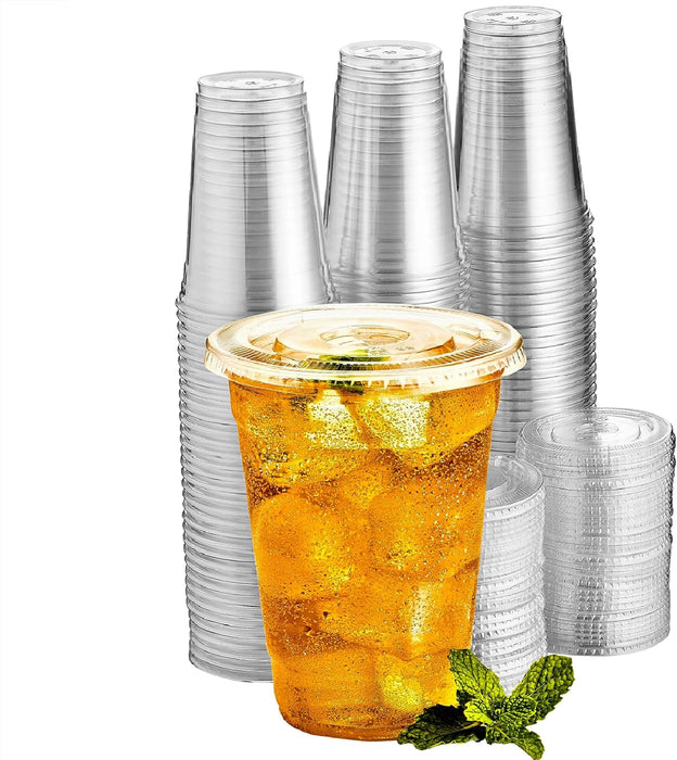 Green Direct 24 oz. Clear Plastic Cups with Lids - Pack of 100 - Premium Disposable Cups for Cold Drinking, Smoothies, Bubble Boba Tea & More - Includes 100 Flat Lids - BPA Free