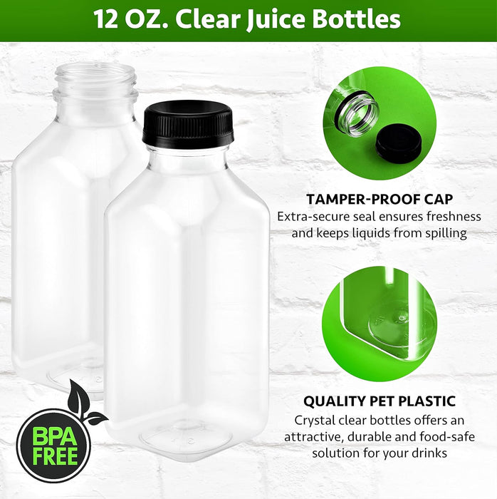 Plastic Clear Empty Bottles with Black Caps for Juice BPA Free | Pack of 35