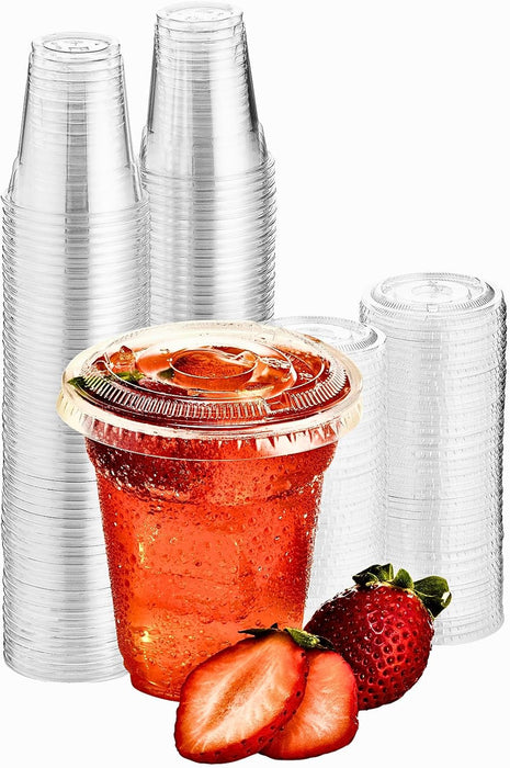 Green Direct 8 oz. Disposable Cups With Lids | Clear Plastic Cups With Lids | Iced Coffee Cups For Bubble Boba Tea | Cup and Flat Lid For Cold Drinking & Smoothie 50 Sets