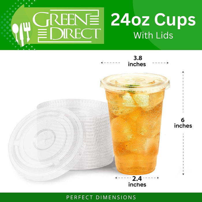 Green Direct 24 oz. Clear Plastic Cups with Lids - Pack of 100 - Premium Disposable Cups for Cold Drinking, Smoothies, Bubble Boba Tea & More - Includes 100 Flat Lids - BPA Free