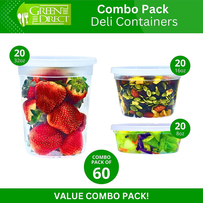 Deli Containers with Lids | Disposable Plastic Lunch Combo 60 Sets [20 8 oz. & 20 16 oz. & 20 32 oz.] Clear Food Storage Containers Leakproof | Plastic Round Freezer Soup Containers for Food