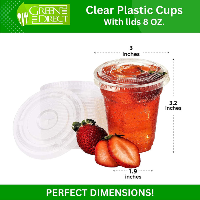 Green Direct 8 oz. Disposable Cups With Lids | Clear Plastic Cups With Lids | Iced Coffee Cups For Bubble Boba Tea | Cup and Flat Lid For Cold Drinking & Smoothie 50 Sets