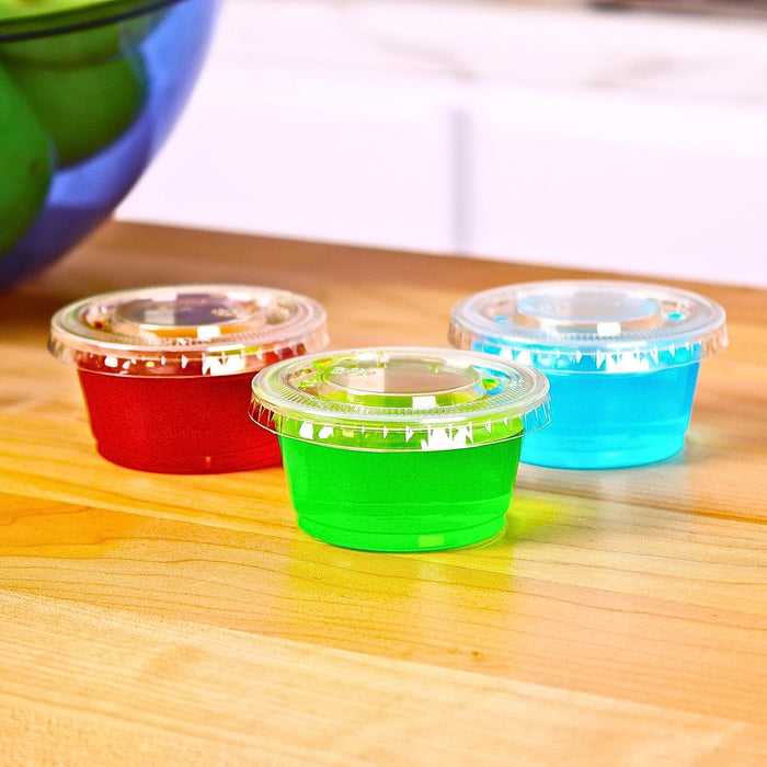 2 oz. Plastic Disposable Jello Shot Cups with Lids 100 Sets | Small Portion Containers, Salad Dressing Dipping Sauce Cups for Souffle, Condiment, Ramekins, and Portion Control